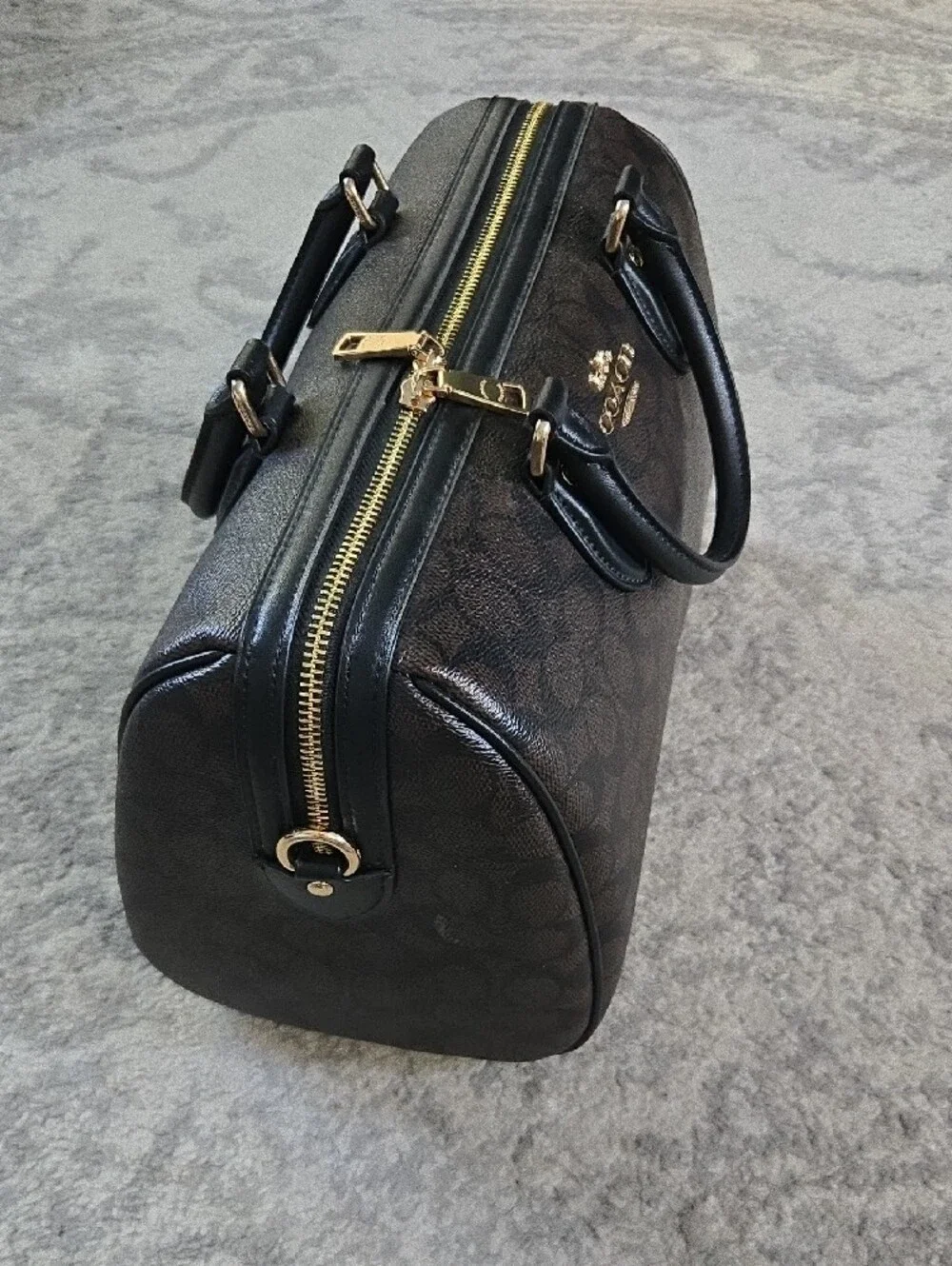 Coach Rowan Signature Black/Brown Canvas Large Satchel with Gold Hardware